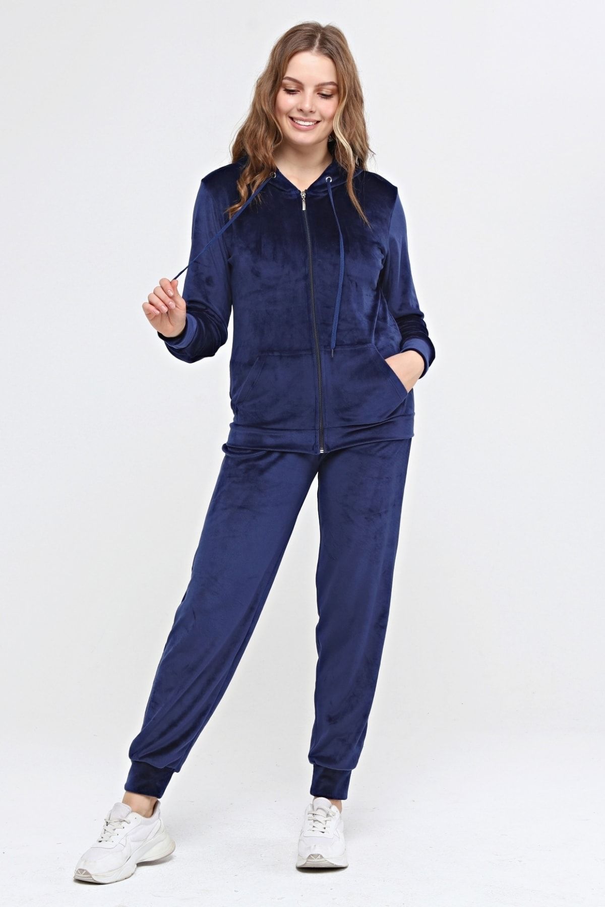 kmal Thick Zipper Velvet Tracksuit Set Navy Blue Trendyol