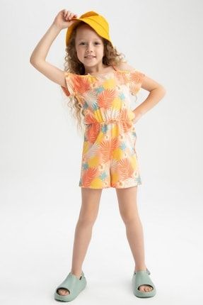 Kız Çocuk Regular Fit Desenli Askılı Pamuklu Penye Yazlık Kısa Tulum T2582A622SM