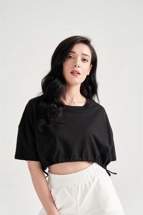 Kadın Beli Büzgülü Crop T-shirt Siyah GRMTH-4805