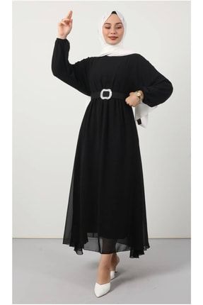 Kemerli Şifon Elbise Siyah AT64560