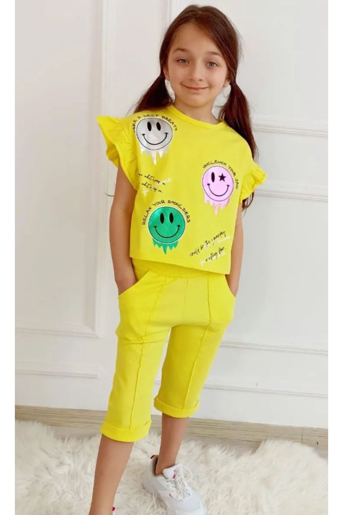 S SL K DS Two Piece Set Yellow Capri Trendyol