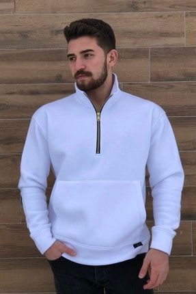 Oversize Gold Fermuarlı Beyaz Sweatshirt MBEY004