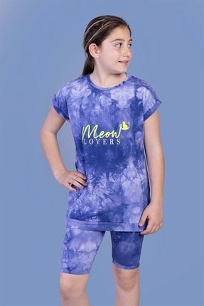 Kız Çocuk Lacivert Batik Desenli Baskılı Taytlı Takım 11294-