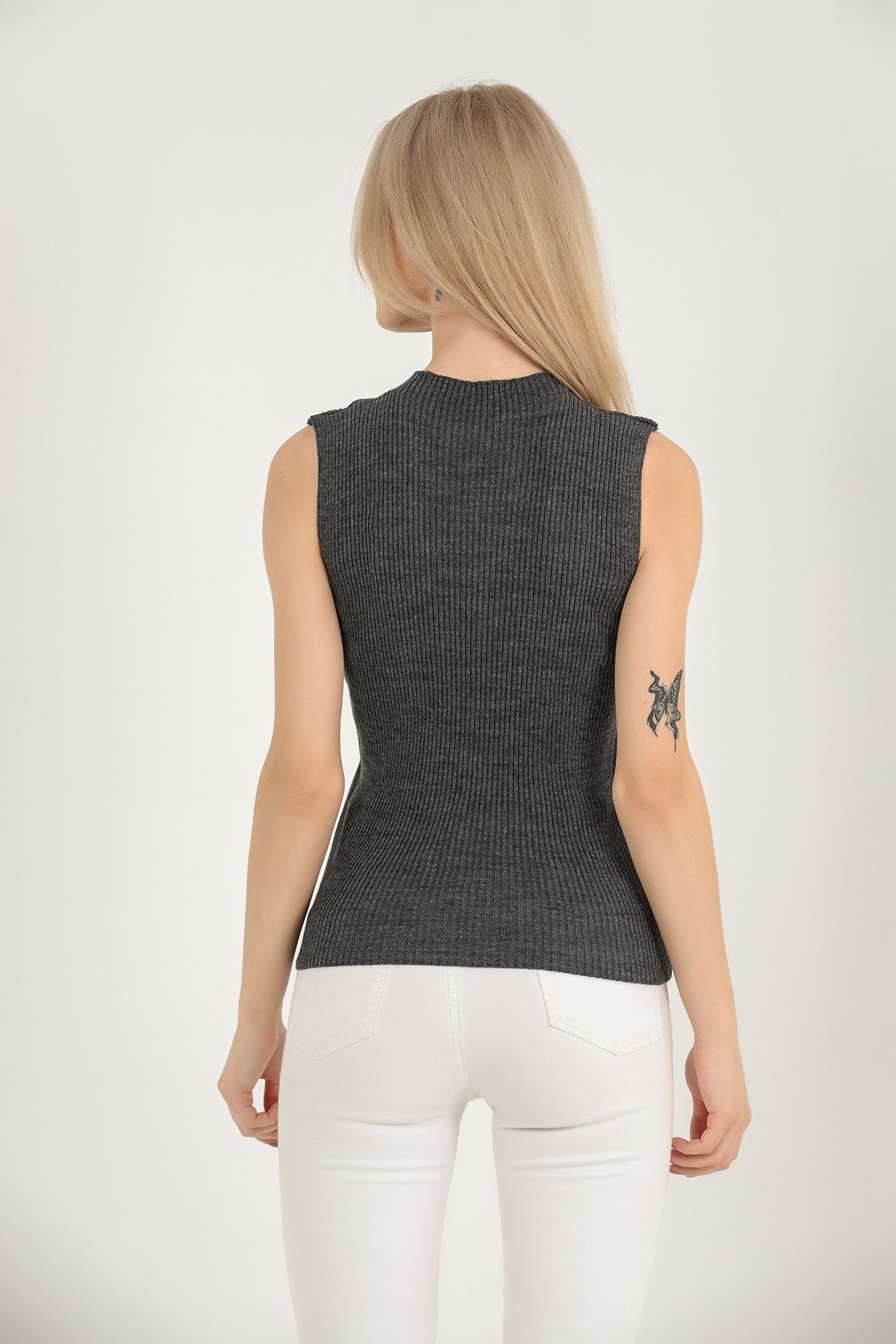 VEGENZE-Women's Anthracite Dark Gray Self-Collared Zero Sleeve Ribbed Stretchy Knitwear Sweater 5