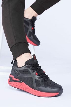 26616 Siyah - Kırmızı Erkek Günlük Rahat Kalın Tabanlı Yürüyüş Koşu Sneaker Spor Ayakkabı