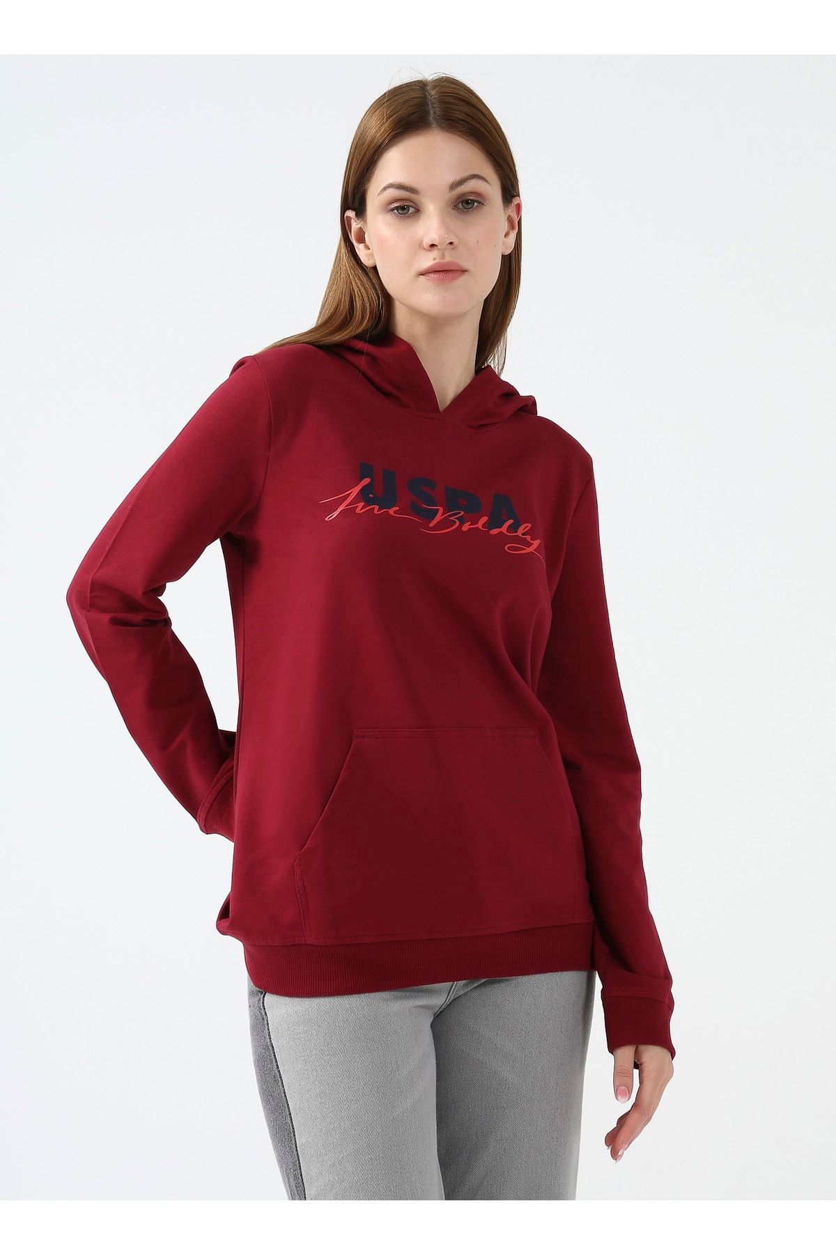 U.S. Polo Assn. Hooded Collar Plain Red Women s Sweatshirt Goldy