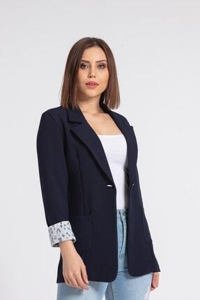 Kadın Lacivert Yakalı Cepli Uzun Kol Katlamalı Blazer Kumaş Ceket 37000