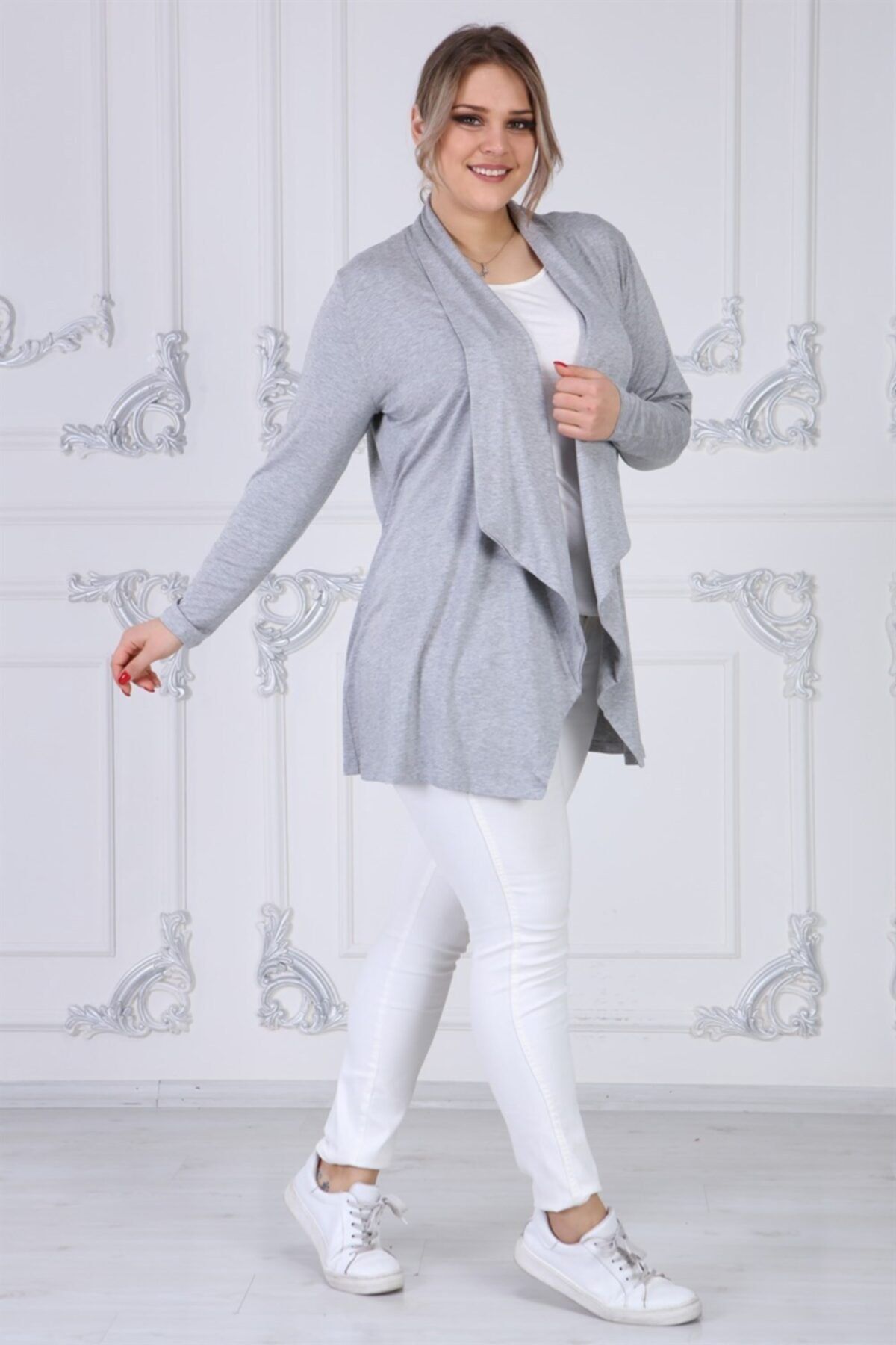 Seamoda-Women's Gray Viscose Fabric Turn-down Collar Cardigan 3