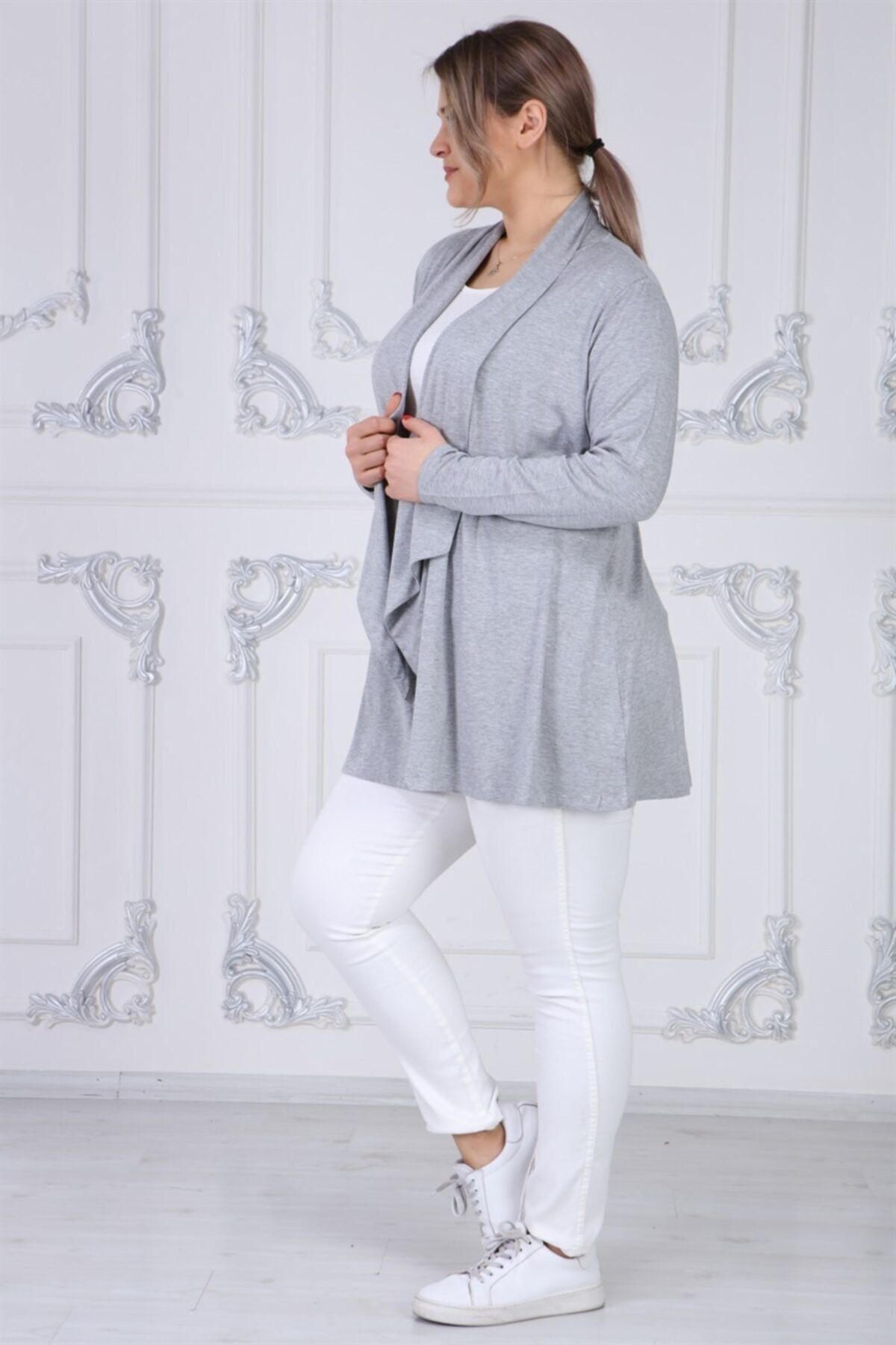 Seamoda-Women's Gray Viscose Fabric Turn-down Collar Cardigan 4