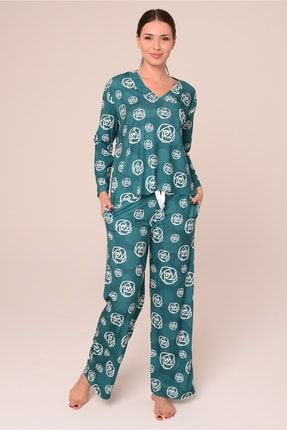 Kadın Yeşil Geometrik Çiçek Baskılı Pijama Takımı BLD-H020