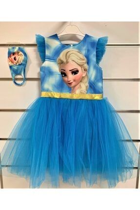 Kız Çocuk Mavi Elsa Frozen Maskeli Elbise 00398