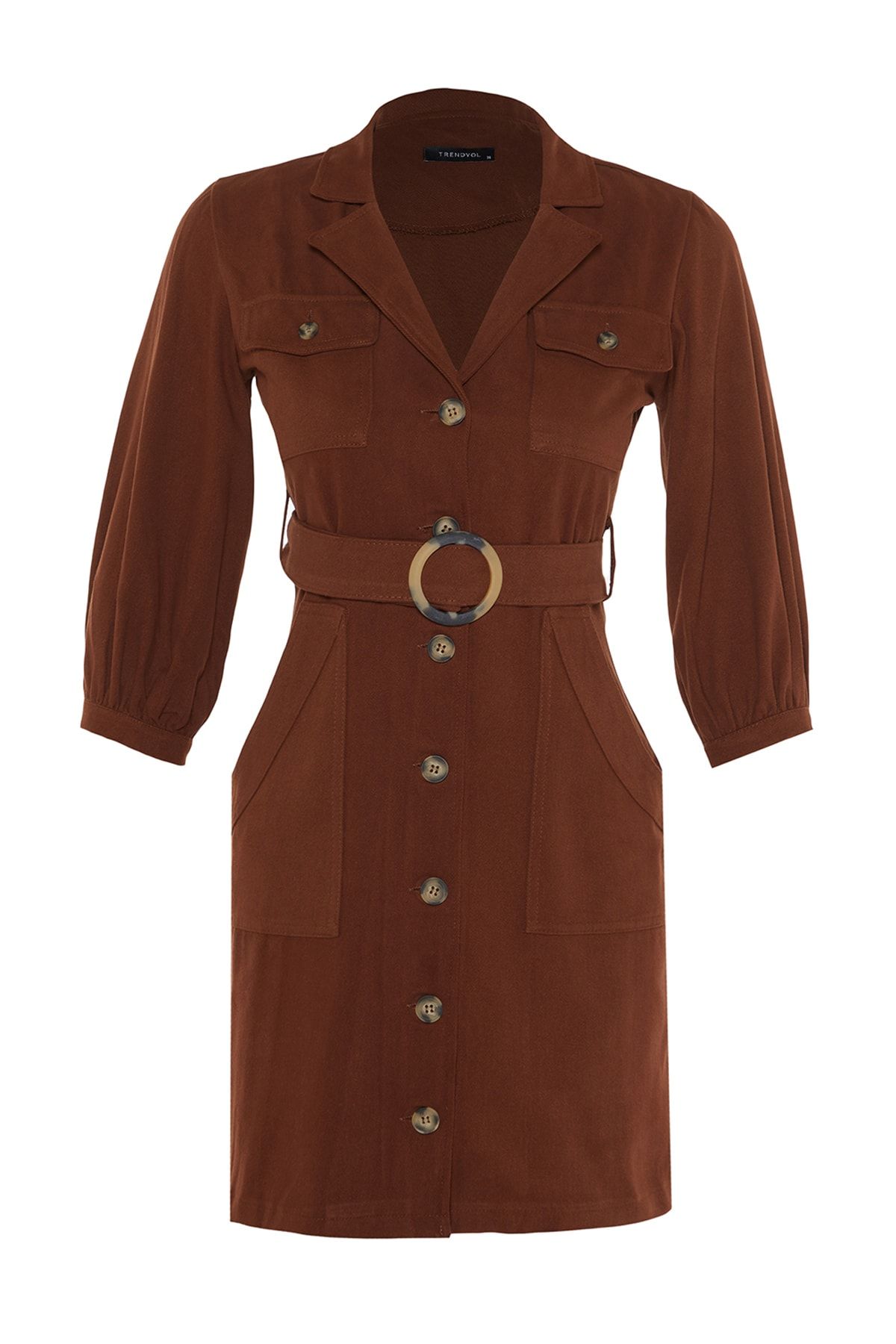 Trendyol Collection-Καφέ Γραβάτα Λεπτομερές Υφαντό Φόρεμα TWOAW20EL1156 6