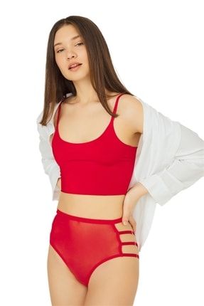 Kırmızı Tül Transparan Lastik Detaylı Yüksek Bel Bikini Külot CTNHLL6021