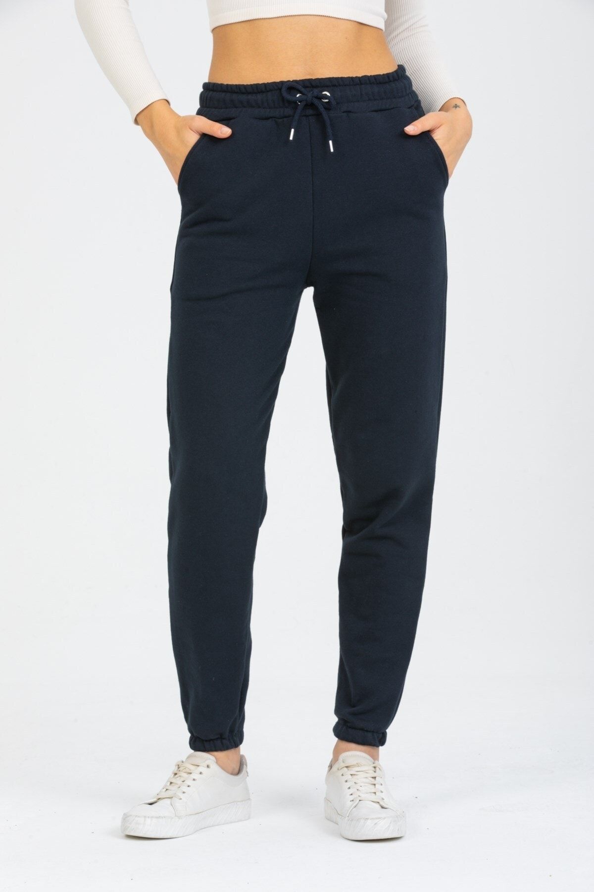 Deafox-Marineblaue Jogginghose mit hoher Taille und drei Fäden für Damen 1