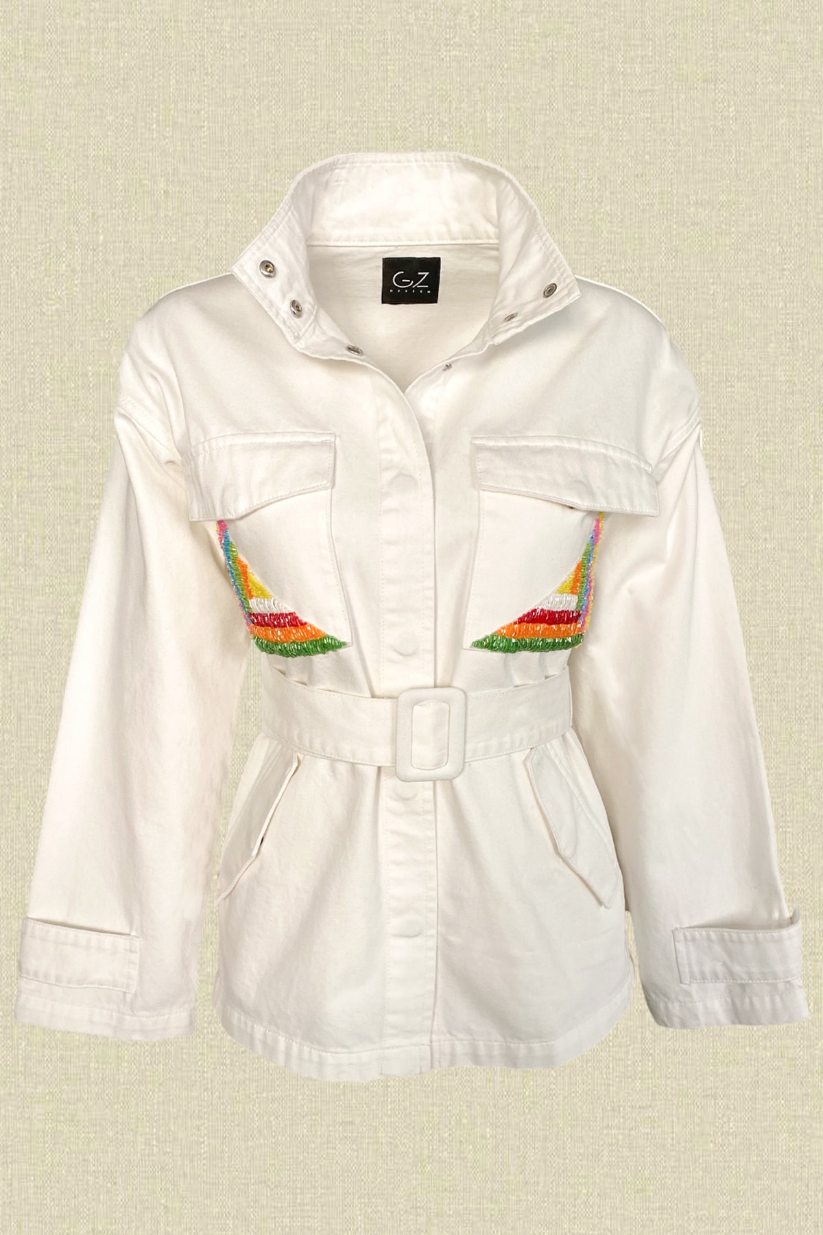 GZ Design Renkli Boncuk Işlemeli Beyaz Oversize Ceket