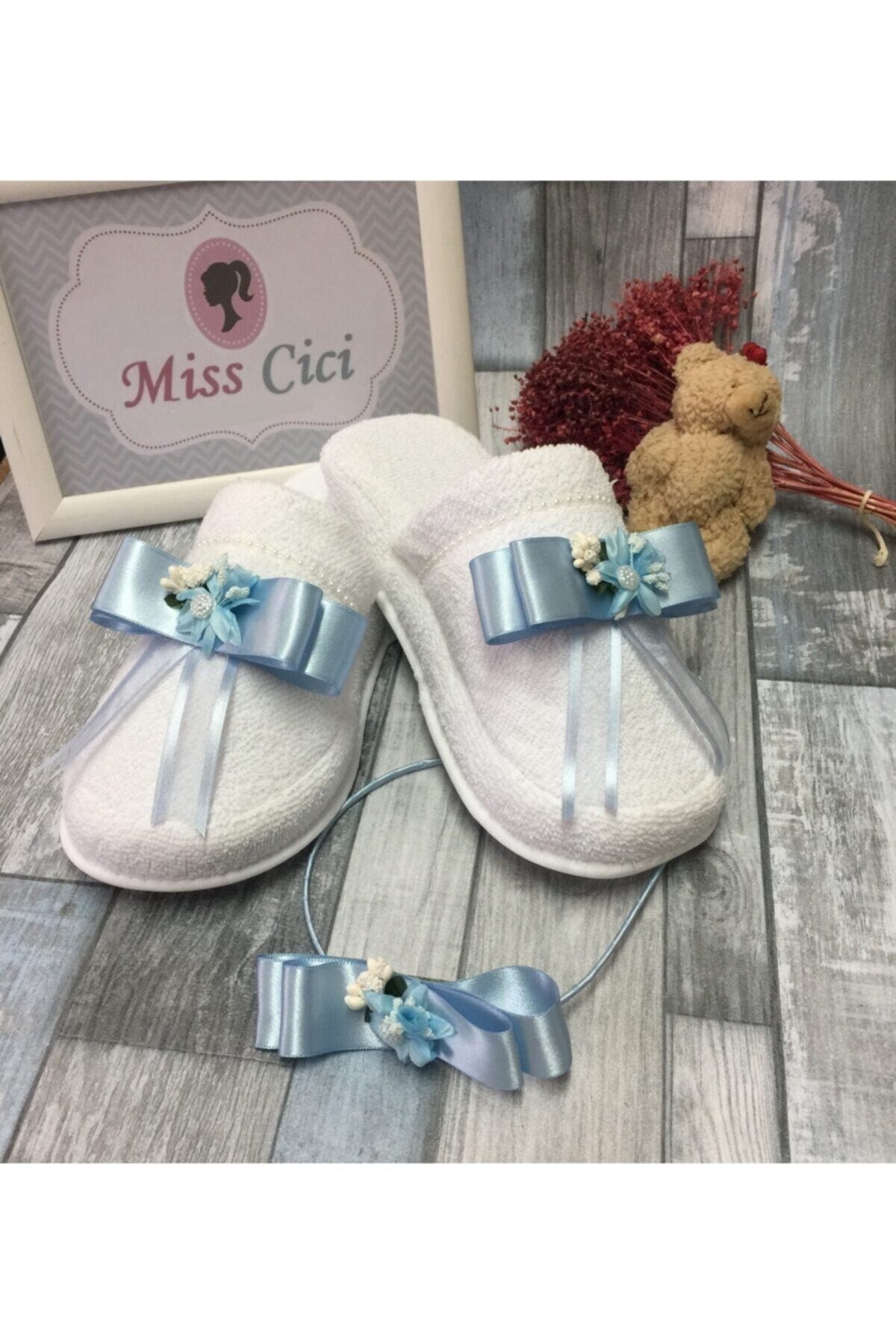 Miss Cici Kadın Mavi Saten Süslemeli Lohusa Tacı be Lohusa Terliği Seti