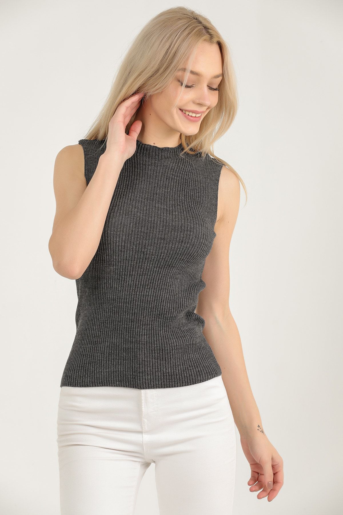 VEGENZE-Women's Anthracite Dark Gray Self-Collared Zero Sleeve Ribbed Stretchy Knitwear Sweater 4