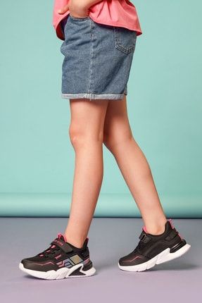 26983 Siyah - Fuşya Kız Çocuk Günlük Rahat Yürüyüş Sneaker Spor Ayakkabı
