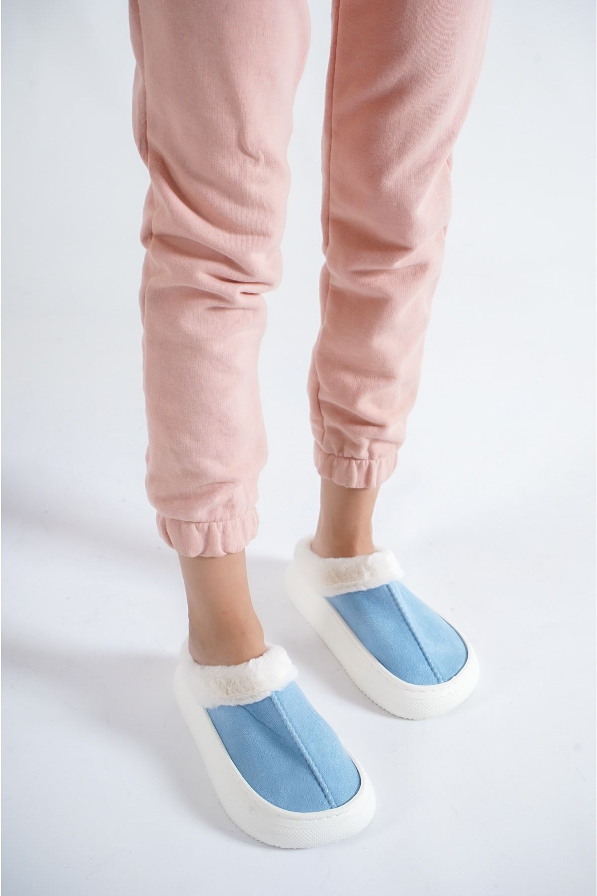BAKGİY-Baby Blue Women's Wool Inside House Slippers Bg1143-127-0001 4