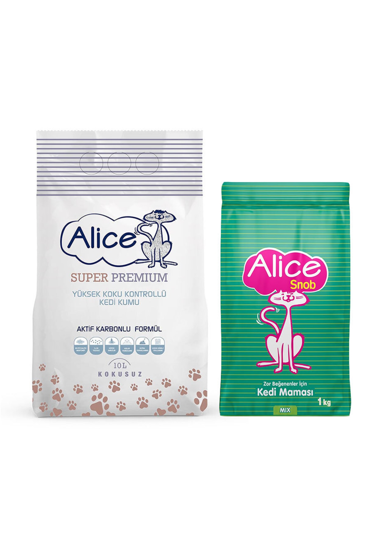 Alice Aktif Karbonlu Super Premium Kedi Kumu 10 Lt Ve Snob Kedi Maması 1 Kg