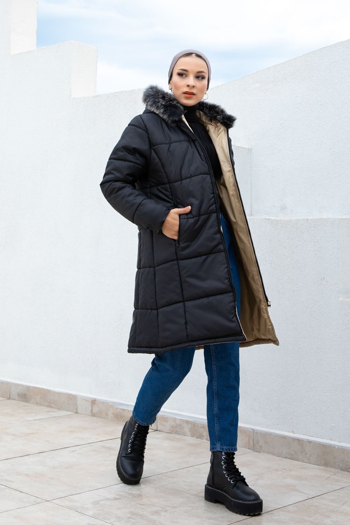 festmoda Kadın Uzun Çift Taraflı Şişme Sibirya Mont Siyah