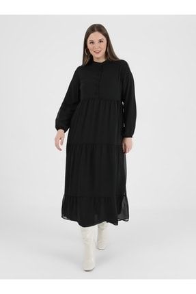 Büyük Beden Hacimli Katlı Şifon Elbise - Siyah - 1892961