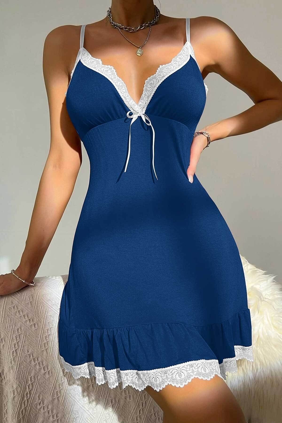 Çeyize dair herşey Lolo Blue Güpür Detaylı Soft Penye Gecelik 6220