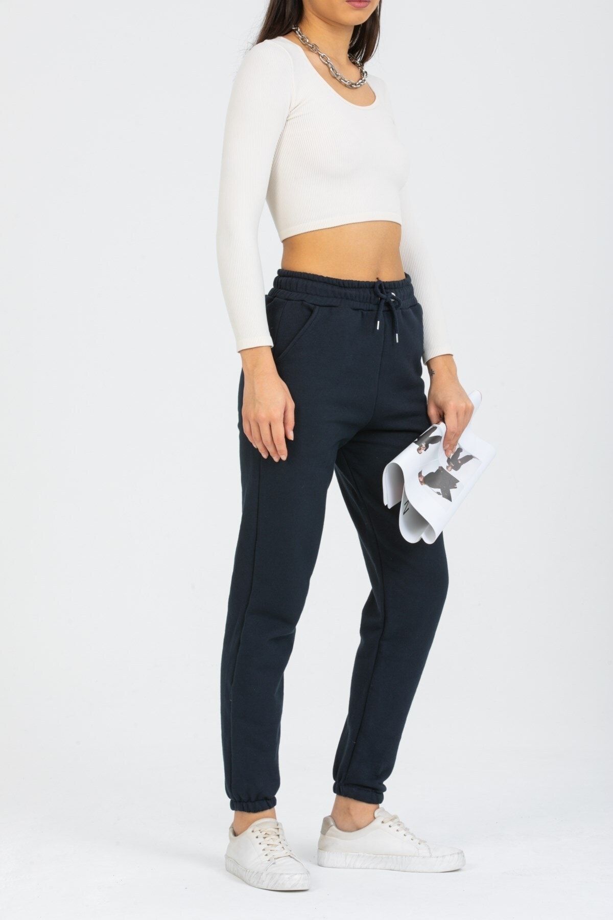 Deafox-Marineblaue Jogginghose mit hoher Taille und drei Fäden für Damen 4