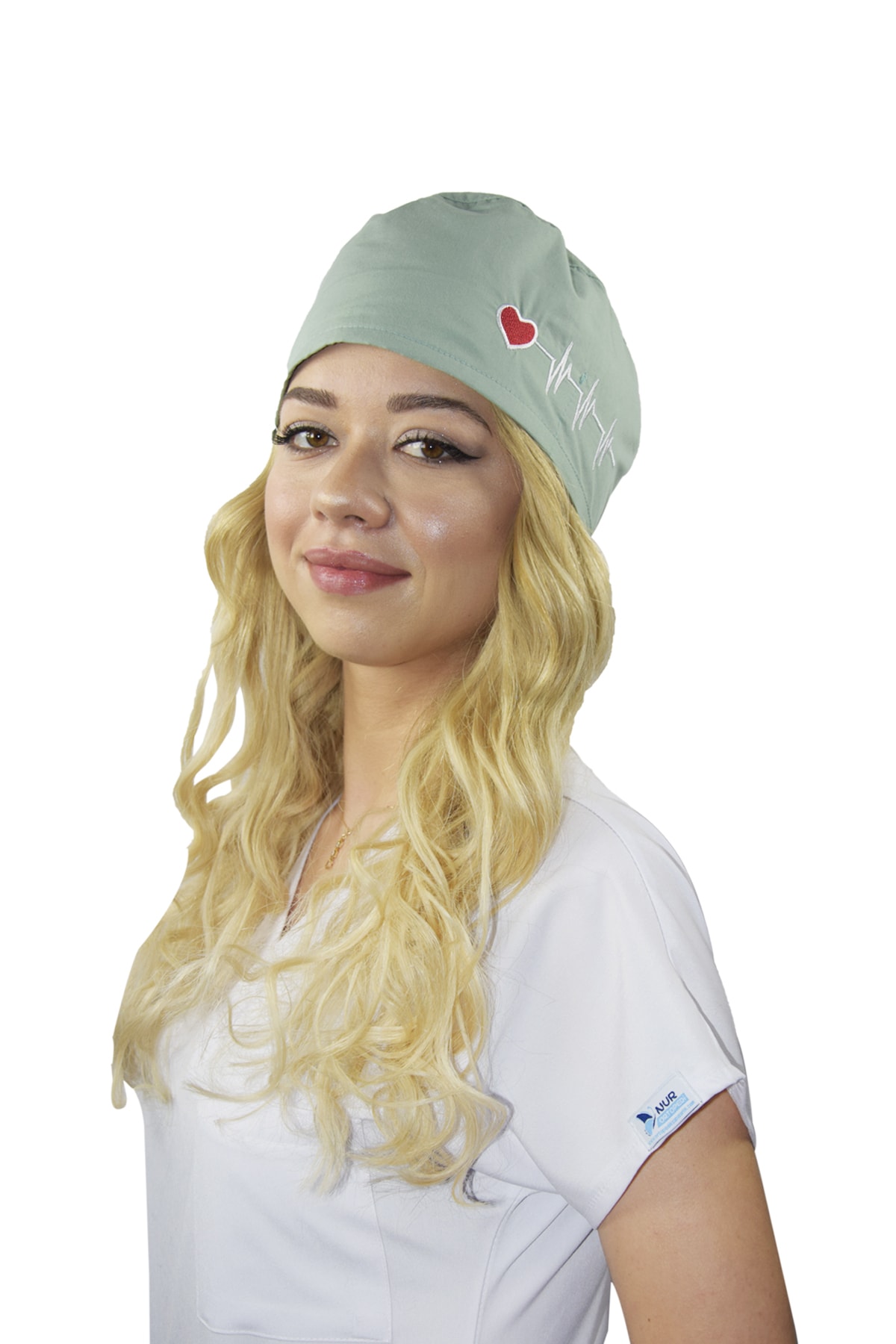 Water Green Heart Rhythm Patterned Doctor Nurse Hospital Medical Surgical Bonnet