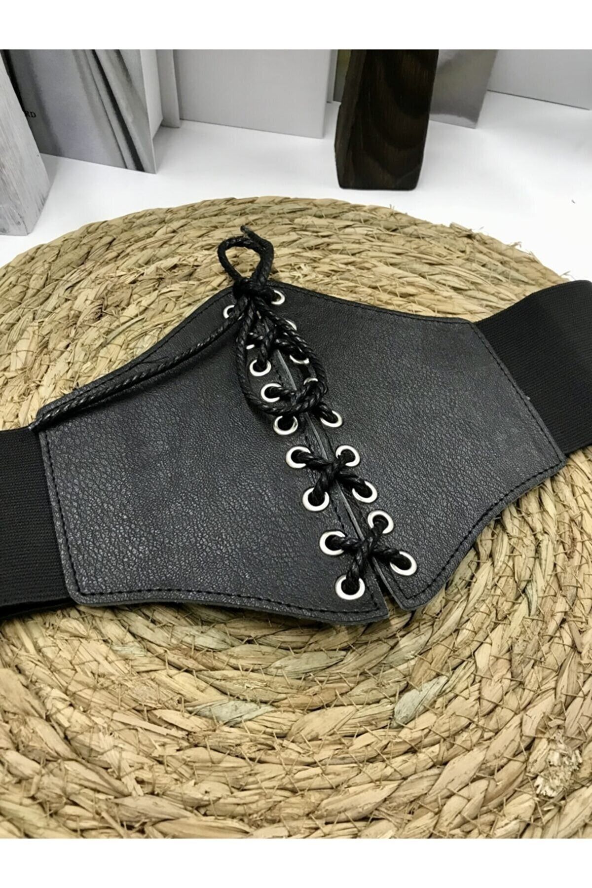 vuvutasarım-Corset lat elastic din cauciuc cu dantelă și detaliu cu ochi Curea neagră lată pentru femei din piele artificială 1482 2