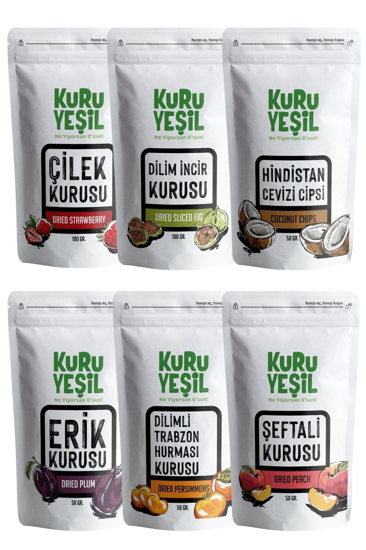 Kuru Yeşil Kuru Meyve Mega Paketi 450 gr - Çilek, Incir, Hindistan Cevizi, Erik, Trabzon Hurması, Şeftali