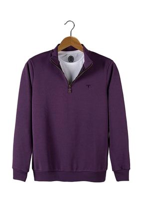 Erkek Mor Yarım Fermuarlı Basic Düz Renk Trend Sweatshirt VAVN21K-5200179