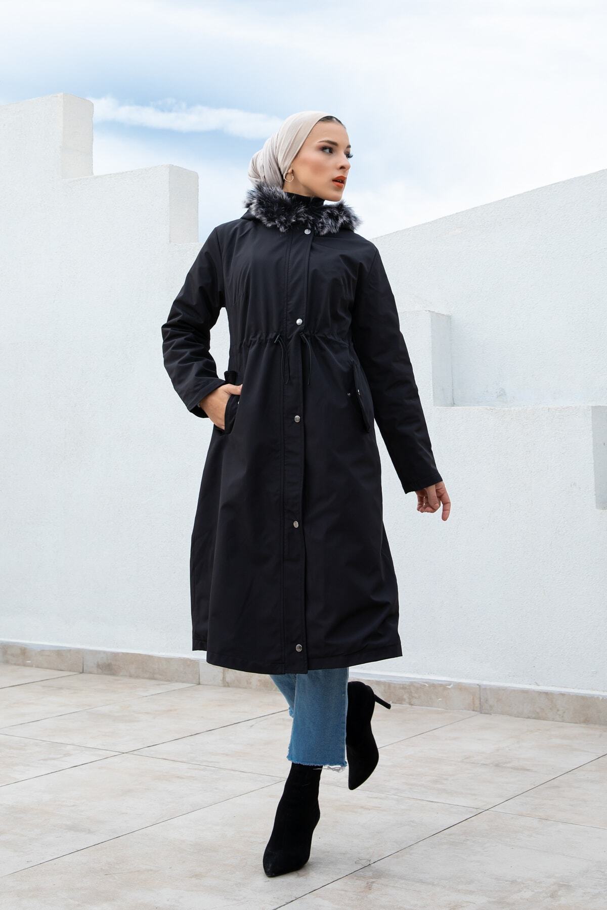 festmoda Kadın Koyu Siyah Kürklü Içi Polar Mont Hn