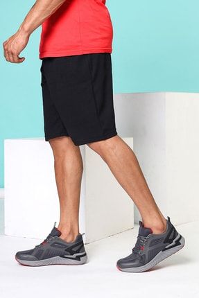 26616 Gri Siyah Kırmızı Erkek Günlük Rahat Kalın Tabanlı Yürüyüş Koşu Sneaker Spor Ayakkabı