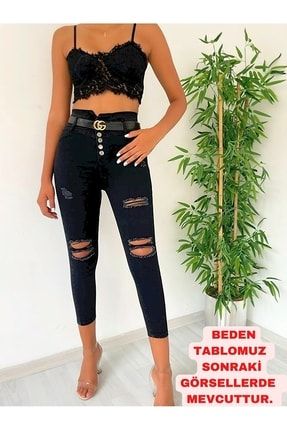 Kadın Siyah, Yüksek Bel Düğme Ve Yırtık Detaylı Kot Pantolonjean 92cm RM-24248