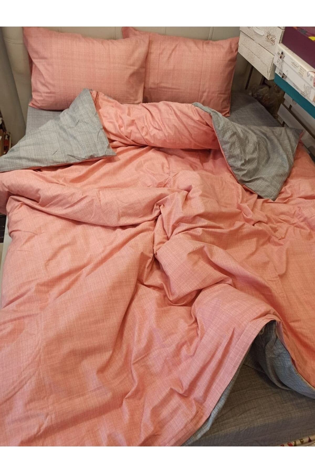 ŞENER HOME-Double Color Single Duvet Cover Set with Double Sided Usable Sheet Elastic - Salmon, Gray 1