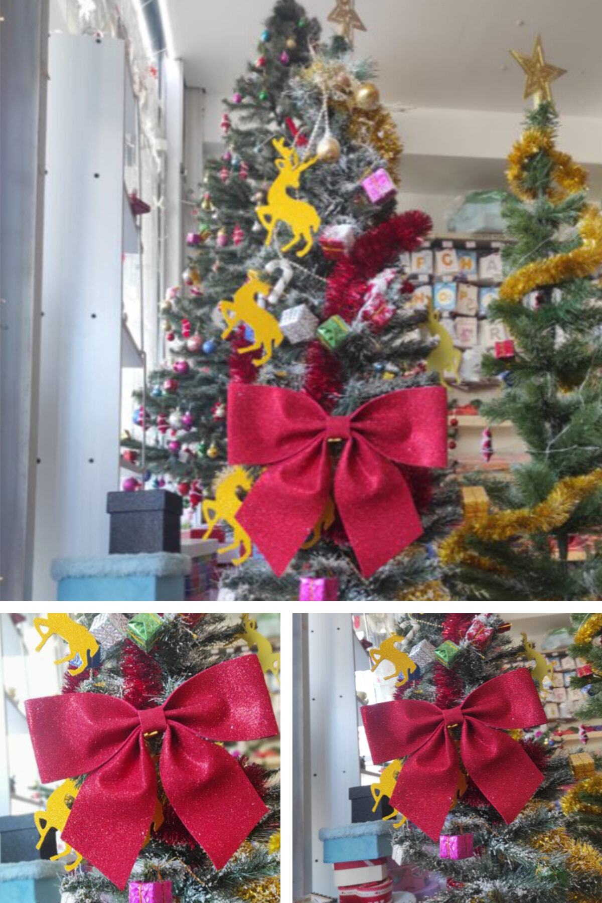 Parti dolabı Kırmızı Simli Büyük Boy Yılbaşı Çam Ağacı Simli Süs Eva Fiyonk Kurdele Dekor Ağaç Kapı Süsü 25x25 Cm