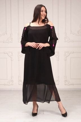 Kolu Şifon Ve Boncuklu Büyük Beden Askılı Elbise Siyah EL2022-100