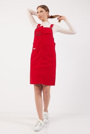 Kadın Denim Kırmızı Kot Salopet Askılı Tulum Uzun Etek Yılbaşı Elbisesi TMBR22CJ2