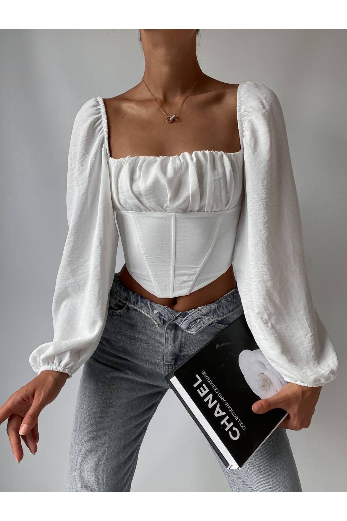 CİZA MODA Balenli Bel Detay Göğsü Drapeli Korse Crop Bluz ZN9105
