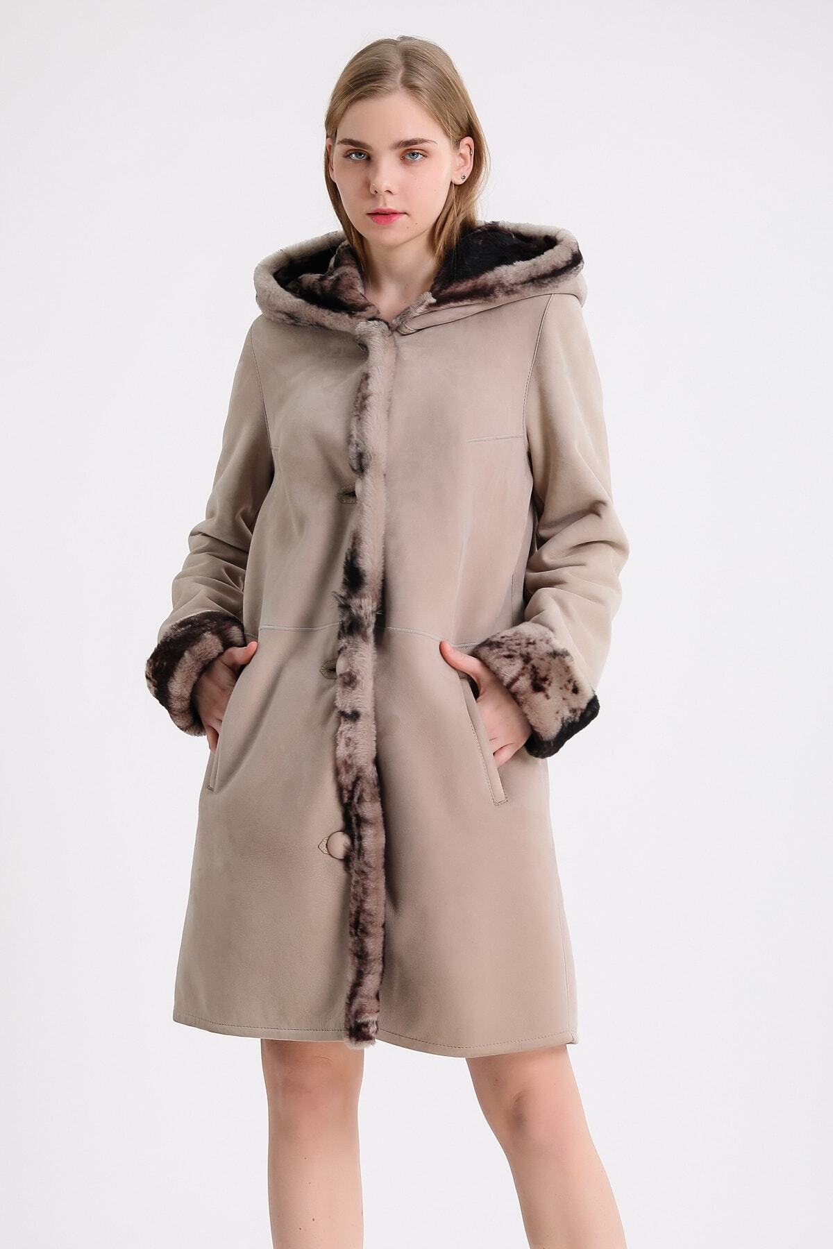 Leather Club  Bej Kapüşonlu Kürk Kaban