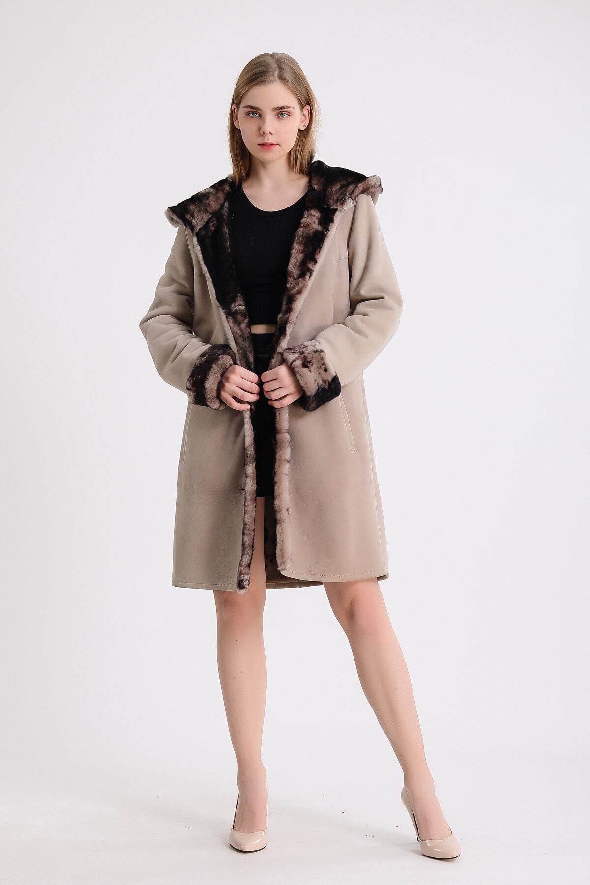 Leather Club  Bej Kapüşonlu Kürk Kaban - Görsel 6