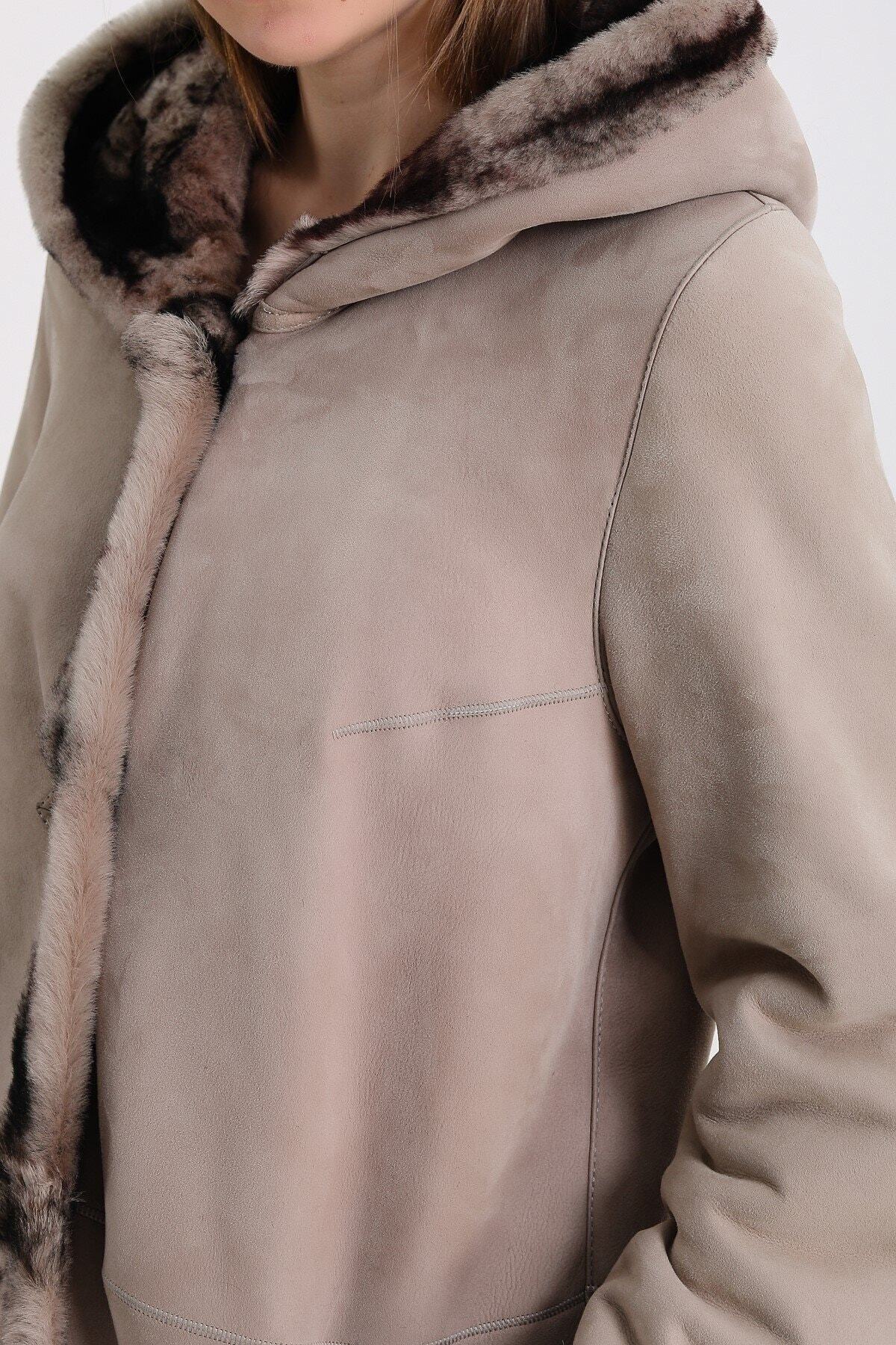 Leather Club  Bej Kapüşonlu Kürk Kaban - Görsel 8
