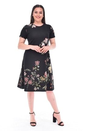 Ütü Gerektirmeyen Kısa Kollu Likralı Krep Kumaş Çiçekli Elbise Siyah Elbblv ELBBLV100