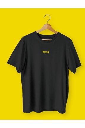 Gülümse Baskılı Normal Kalıp Regular Fit %100 Pamuk Siyah Unisex T-shirt F2004F