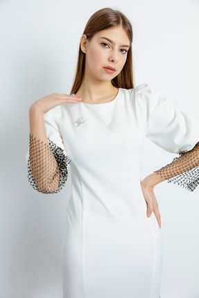 Kadın Beyaz Kolları Taşlı Mini Abiye Elbise 22Y012023