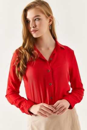 Kadın Kırmızı Uzun Kollu Düz Gömlek ARM-19K001200
