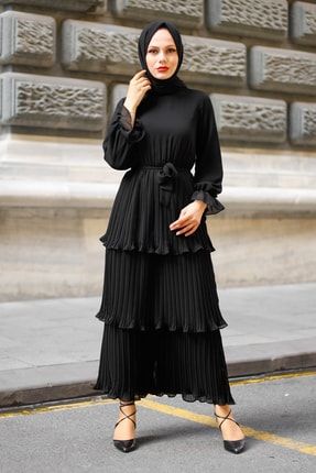 Belden Kuşaklı Piliseli Şifon Elbise Siyah SRE1022ELB