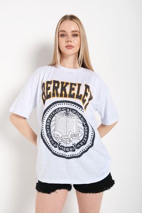 Kadın Oversize Beyaz Berkeley Baskılı T-shirt UGOBBT-980-TS