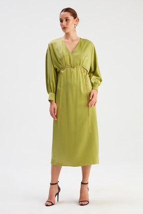 Zincir Kemerli Saten Elbise - Yağ Yeşili STN139KEL940